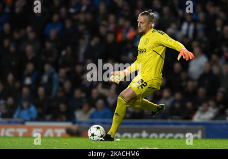 Glasgow, Scotland, 1st November 2022.   Remco Pasveer of Ajax during the UEFA Champions League match at Ibrox Stadium, Glasgow. Picture credit should read: Neil Hanna / Sportimage Stock Photo