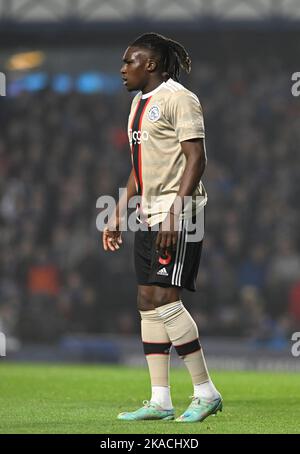 Glasgow, Scotland, 1st November 2022.  Calvin Bassey of Ajax  during the UEFA Champions League match at Ibrox Stadium, Glasgow. Picture credit should read: Neil Hanna / Sportimage Stock Photo
