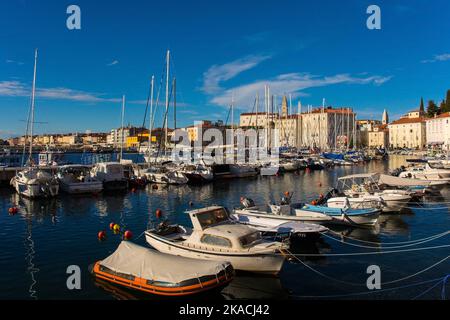 Piran, Slovenia - September 17th 2022. The harbour in the historic town of Piran in Slovenia Stock Photo