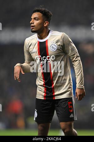 Glasgow, Scotland, 1st November 2022.  Owen Wijndal of Ajax  during the UEFA Champions League match at Ibrox Stadium, Glasgow. Picture credit should read: Neil Hanna / Sportimage Stock Photo