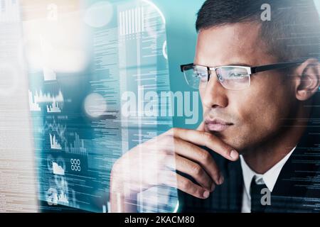 Accountant, hologram or businessman thinking for futuristic computer AI, stock market trading or economy big data analytics. Digital, finance software Stock Photo