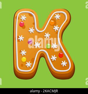 Christmas gingerbread cookie. Gingerbread letter K. Homemade winter cookies in the form of the letter K with sugar icing and marmalade. Vector illustr Stock Vector