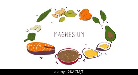 Magnesium-containing food. Groups of healthy products containing vitamins and minerals. Set of fruits, vegetables, meats, fish and dairy. Stock Vector