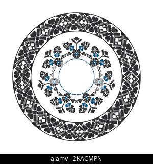 Round frame with ethnic blue and black pattern. Stock Vector