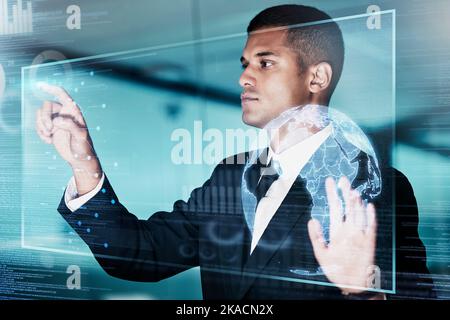 Cloud computing, hologram network AI or businessman with futuristic tech for networking, big data or analytics overlay. Network, employee or Stock Photo