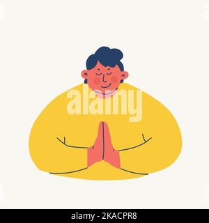 A young man folds his hands in prayer or makes a respectful bow. Smiling character makes namaste. Respectful gestures. Vector illustrations. Stock Vector