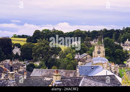 Aerial view of cottages, church and school in the village of Giggleswick, North Yorkshire, England, UK Stock Photo