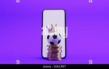 Soccer ball wearing a crown with a stack of coins. Sports betting and finance. 3D Rendering Stock Photo