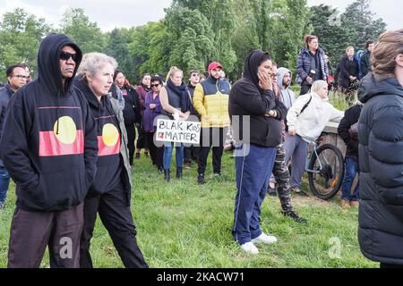 Canberra, Australia, 02/11/2022, Hundreds of people gathered at the Aboriginal Tent Embassy in Canberra to remember Cassius Turvey Stock Photo