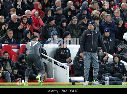 1st November 2022, Anfield Stadium, Liverpool, England: Champions League football, Liverpool versus Napoli;  SSC Napoli manager Luciano Spalletti follows the action from the touchline Stock Photo