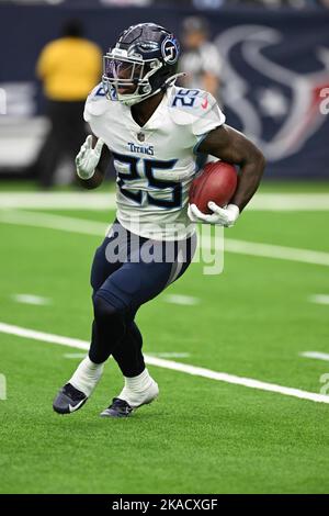 Tennessee Titans running back Hassan Haskins (25) is tackled during a  kickoff return during the first half of an NFL football game against the  Kansas City Chiefs, Sunday, Nov. 6, 2022 in