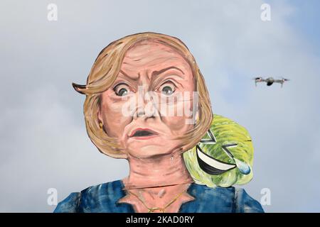 Edenbridge, UK. 2nd Nov, 2022. A drone filming the Edenbridge Fireworks Societies giant effigy of Liz Truss the former Prime Minister of the United Kingdom. Credit: James Boardman/Alamy Live News Stock Photo