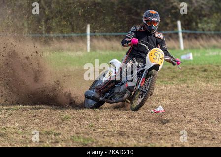 Luke Clifton racing in grasstrack motorcycle race. Donut Meeting event organised by Southend & District Motorcycle Club, UK. 500cc solo class Stock Photo