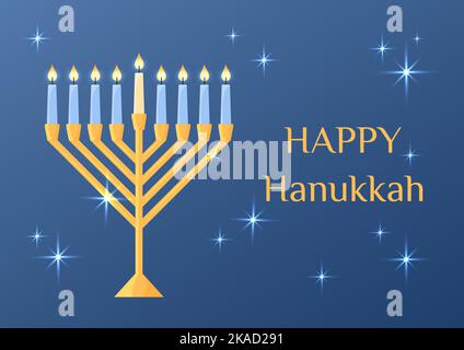 Happy Hanukkah greeting card. Vector illustration with traditional Jewish religious holiday symbol. Shiny chanukiah candle holder. Menorah with burnin Stock Vector