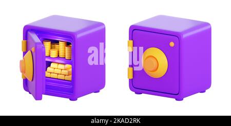 3d safe icons in plastic style set. Open and close door. Money, stock exchange, business investment, security, trading and finance concept. Realistic Stock Photo