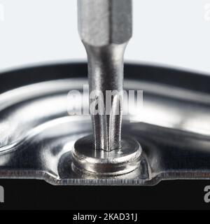 A screwdriver with an asterisk bit is inserted into the screw. Macro photography. Stock Photo