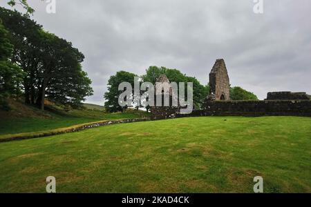 2019 photo - St Blane's Church, Isle of Bute, Scotland. Saint Blane or Bláán was an early Scottish  Christian Pictish bishop  who was born at some unknown date on the Isle of Bute. He died 590 AD . His feast day is the  10th August. He is recognised also by the Scottish Episcopal Church, the  Roman Catholic Church and the Eastern Orthodox Church. The double burial ground is said to be for males and females, though other authorities think the upper one was for monks whilst the lower one was for the laity. St Blane is said to be buried in the upper graveyard. Stock Photo