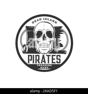 Pirate skull icon, treasure island adventure and filibuster sailors vector symbol. Pirate treasure hunt symbol of skull and ship wreck with captain spyglass, marine buccaneer and sea robbers badge Stock Vector