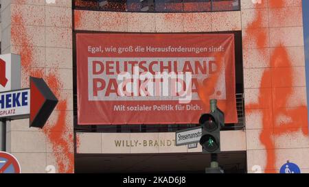 Berlin, Germany. 02nd Nov, 2022. Activists of the environmental group 'Last Generation' have smeared the facade of the SPD federal headquarters. Credit: Paul Zinken/dpa/Alamy Live News Stock Photo