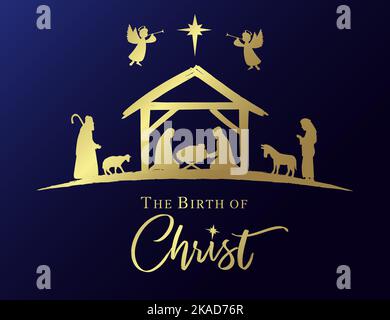 The Birth of Christ, Christmas nativity scene golden card. Mary, Joseph, baby Jesus in manger and shepherd in silhouette with angels and star Stock Vector