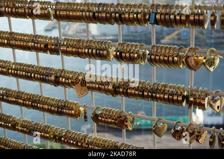 Some love locks on Chiba port tower in Chiba City, Japan Stock Photo