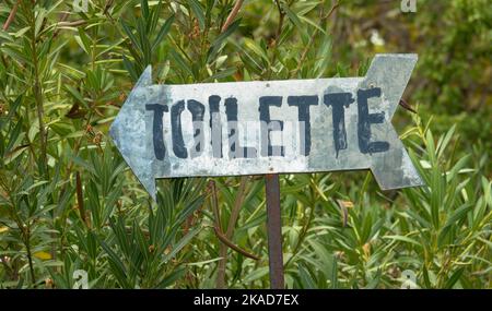 Sign in a park with the inscription toilets. A sign with an arrow pointing to the left. Blurred background. Stock Photo