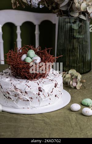 Easter cake, with chocolate nest and eggs,  tarta mona de pasqua Stock Photo