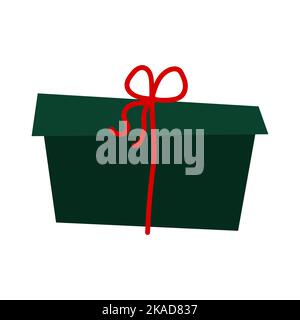 Cartoon Christmas gift. Green color simple present isolated on white background. New Year, Valentines Day, Birthday greeting card. Decorated wrapped b Stock Vector