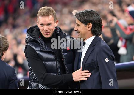 Munich, Germany, 11/01/2022, coach Julian NAGELSMANN (FC Bayern Munich) with Simone INZAGHI (coach Milan), Soccer Champions League/FC Bayern Munich-Inter Milan 2-0 group phase, 6th matchday on November 1st, 2022, ALLIANZAREN A. ? Stock Photo