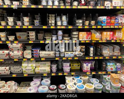 Grovetown, Ga USA - 04 21 22: Walmart retail store interior yogurt section and prices Stock Photo