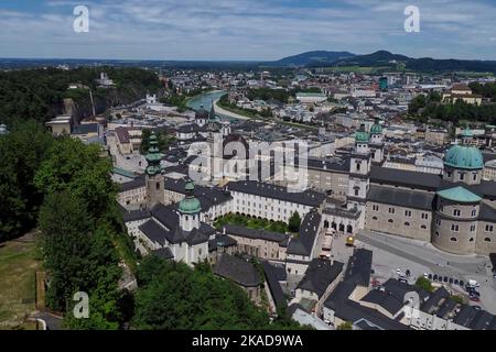 view over the city of Salzburg including the dome of Salzburg Cathedral from Fortress Hohensalzburg, Salzburg,Austria, Europe Stock Photo