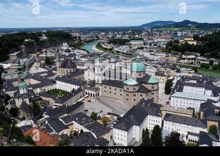 view over the city of Salzburg including the dome of Salzburg Cathedral from Fortress Hohensalzburg, Salzburg,Austria, Europe Stock Photo