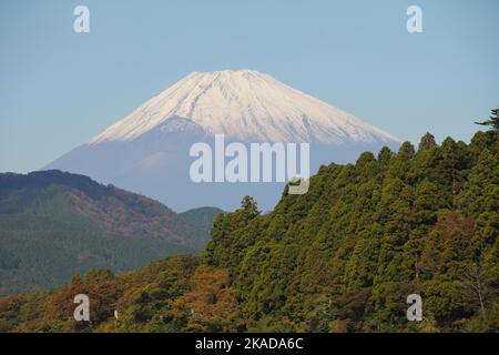 Mount Fuji seen from lake Ashinoko in Hakone on a clear day in fall Stock Photo