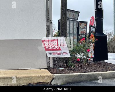 Augusta, GA USA - 12 19 21: Arbys Now Hiring drive thru sign Stock Photo