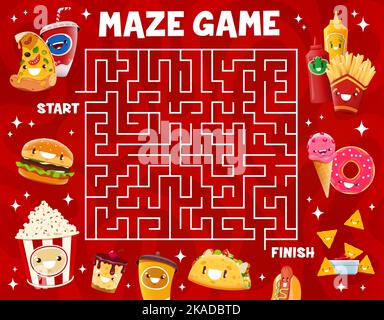 Labyrinth maze game. Cartoon takeaway fast food characters. Kids find way quiz, search path vector worksheet or riddle with cute pizza, soda and hamburger, popcorn, coffee, taco and ice cream, donut Stock Vector