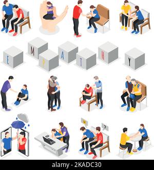 Empathy characters isometric icons set with people consoling sad friends isolated vector illustration Stock Vector