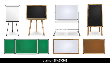 Realistic set of school green and black chalkboards magnetic marker boards cork board presentation screen isolated vector illustration Stock Vector