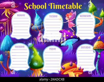 Education timetable schedule. Magic mushrooms in fairy forest. School education, kids week classes timetable or children study lessons planner vector template with fantasy luminous mushrooms and pixie Stock Vector
