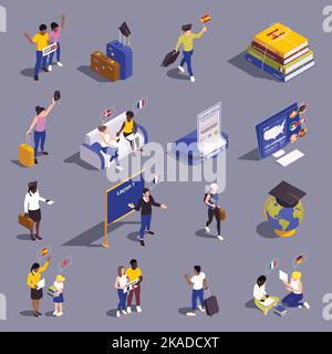 Global education student exchange isometric set with isolated compositions of young human characters and learning materials vector illustration Stock Vector