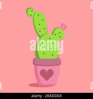 Doodle cactus in the flower pot with heart ornament. Valentine, wedding, love cards, print for decorating clothing Stock Vector