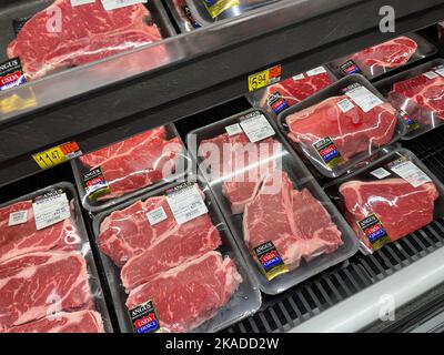 Grovetown, Ga USA - 04 21 22: Walmart meat department steak family packs Stock Photo