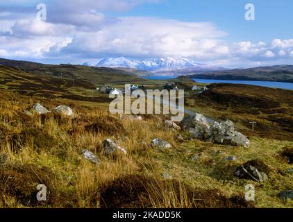 Struan hut circle or cairn, Isle of Skye, Scotland, UK: view SSE of a circular setting of stone blocks on hillside below Dun Beag broch, Struanmore. Stock Photo