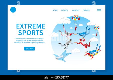 Extreme sports landing page providing information about parachuting skydiving paragliding parafoil hang glider  isometric vector illustration Stock Vector