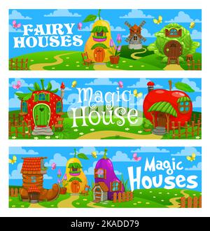 Fairytale magic houses and dwellings. Cartoon vector banners with fantasy buildings. Cute homes on green field old boot, windmill, pear and cabbage. Apple, strawberry, eggplant dwarf or elf homes Stock Vector