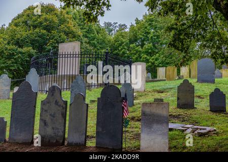 Plymouth, Massachusetts, USA - September 12, 2022:  Sites on Burial Hill  where the Pilgrams built two forts and buried residents there since the 1620 Stock Photo