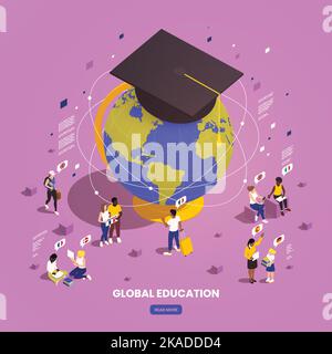 Global education student exchange isometric composition with conceptual image of earth with connections and academic hat vector illustration Stock Vector