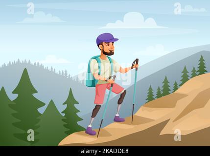 Disabled man with prosthetic legs going hiking in mountains cartoon vector illustration Stock Vector