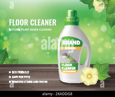 Household cleaning realistic poster with floor cleaner bottle vector illustration Stock Vector