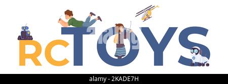 Flat remote controlled toys text with blue and yellow letters boy and girl controlling robot helicopter dog vector illustration Stock Vector