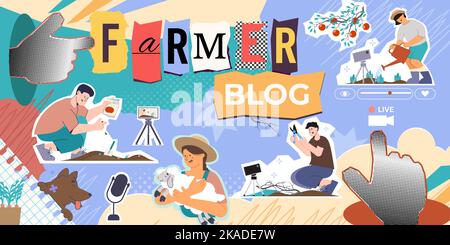 Farmer blog flat collage background with ornate letters stickers and doodle human characters performing gardening works vector illustration Stock Vector